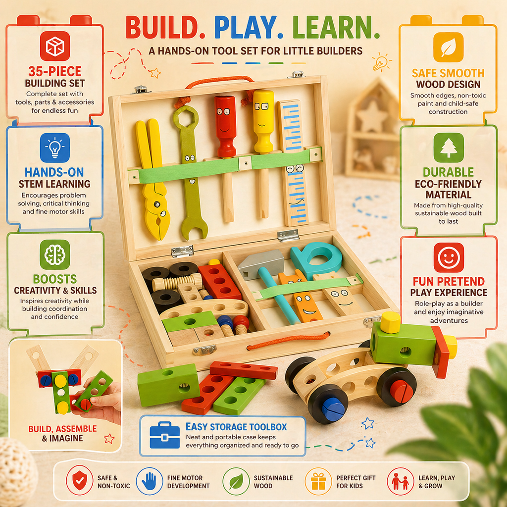 Kids Tool Set Wooden Building Toy Toolbox