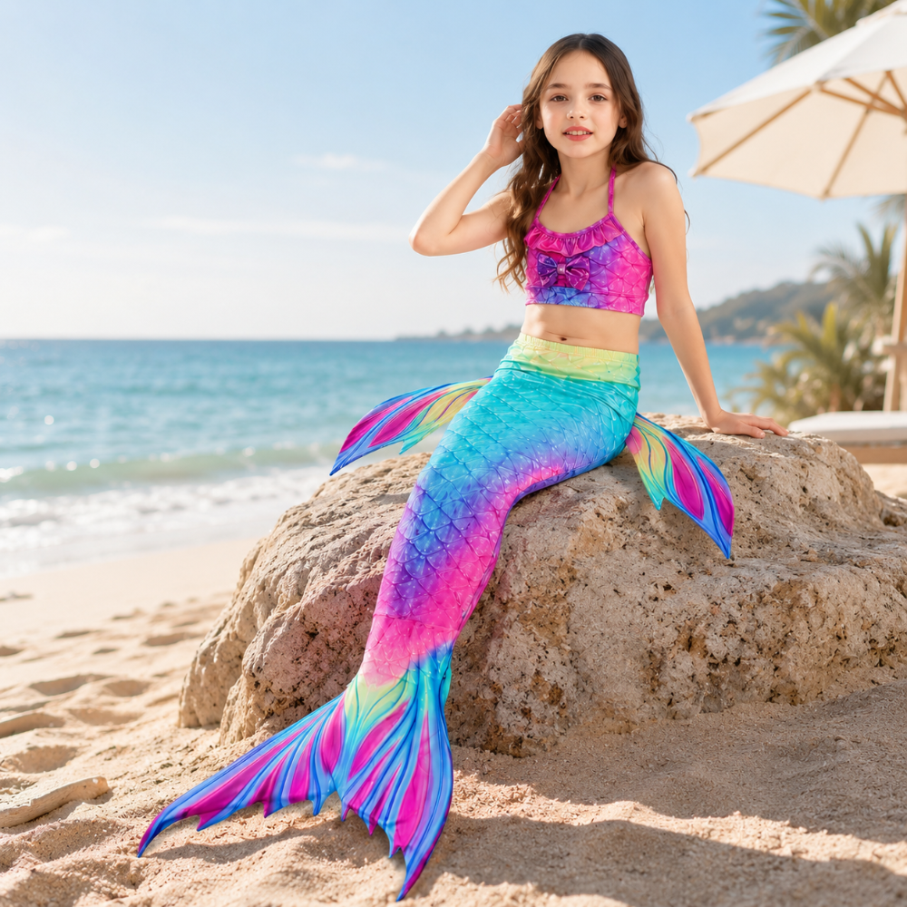 Mermaid Swimsuit Girls Three Piece Swim Tail Costume Set - Image 1